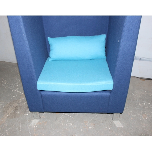 170 - An unusual light and dark blue high backed retro style box chair standing on chrome bracket feet, ap... 