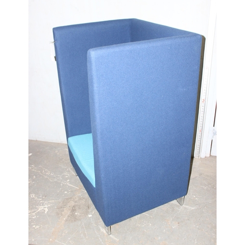 170 - An unusual light and dark blue high backed retro style box chair standing on chrome bracket feet, ap... 