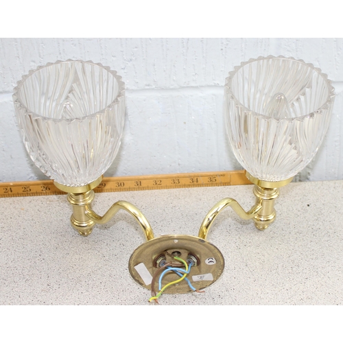 266 - Pair of brass wall lights with decorative glass shades