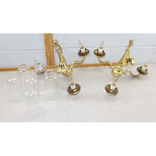 268 - Pair of brass 3-branch chandelier ceiling light fittings with cut glass shades