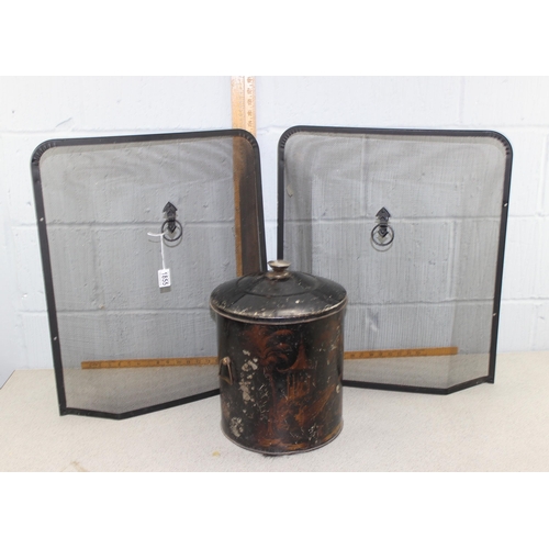 1855 - A vintage metal coal bucket decorated with Chinoiserie scene and 2 spark guards