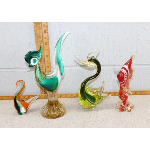 1856 - 4 retro Murano glass sculptures of animals, 3 birds and a fish