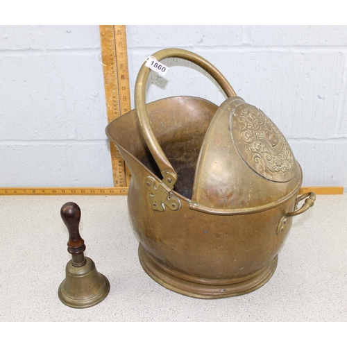 1860 - A vintage brass coal bucket with armorial crest and brass bell