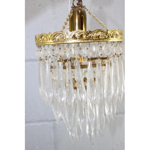 269N - A pair of vintage gilt metal and crystal drop hanging chandelier lamps