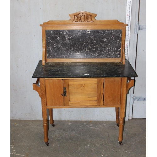 117 - Antique pine wash stand with marble top and carved details, approx 92cm wide