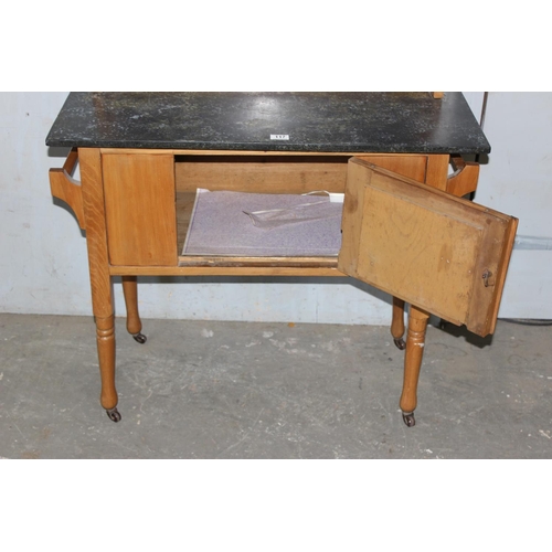 117 - Antique pine wash stand with marble top and carved details, approx 92cm wide