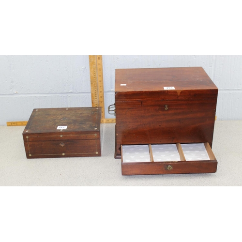 293 - 2 antique Mahogany boxes, one with brass fittings.