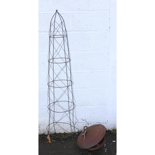 344 - Wrought metal garden obelisk and a metal bird feeder