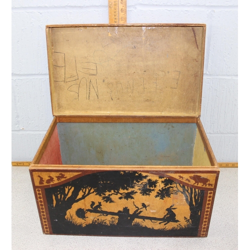 185 - A vintage wooden toy box stencilled with good quality nursery rhyme scenes, approx 50cm wide