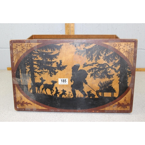 185 - A vintage wooden toy box stencilled with good quality nursery rhyme scenes, approx 50cm wide