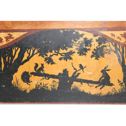 185 - A vintage wooden toy box stencilled with good quality nursery rhyme scenes, approx 50cm wide