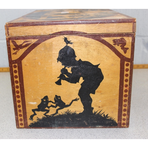 185 - A vintage wooden toy box stencilled with good quality nursery rhyme scenes, approx 50cm wide