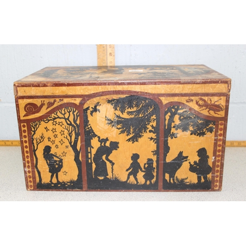 185 - A vintage wooden toy box stencilled with good quality nursery rhyme scenes, approx 50cm wide