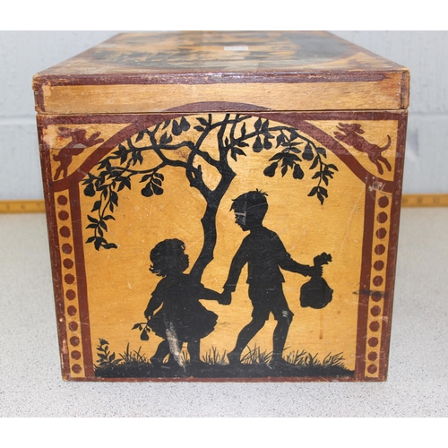 185 - A vintage wooden toy box stencilled with good quality nursery rhyme scenes, approx 50cm wide