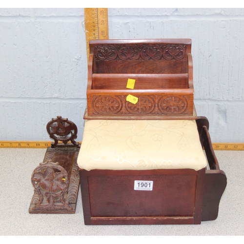 1901 - Wooden sewing box, carved letter rack and folding book slide