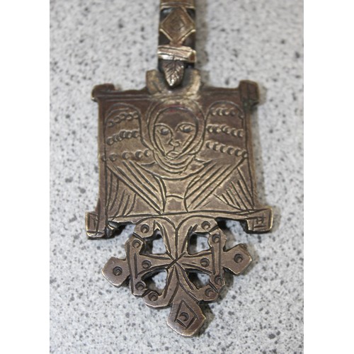 70A - Ethiopian Coptic processional hand cross with engraved angel decoration, cast from brass, likely 19t... 