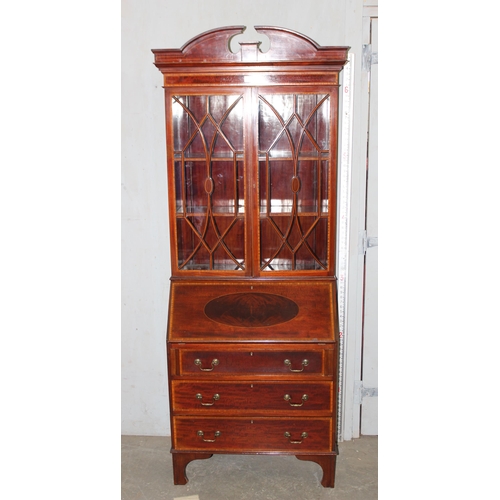 48 - Edwardian Sheraton revival astral glazed bookcase over writing bureau