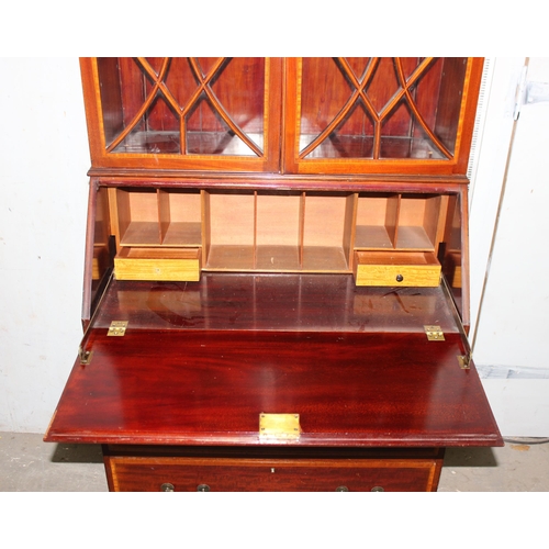 48 - Edwardian Sheraton revival astral glazed bookcase over writing bureau