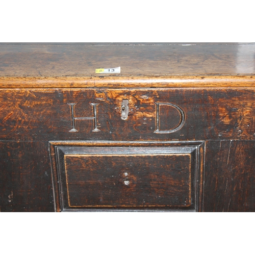 13 - An early 18th century oak mule chest coffer with carved HD and dated 1717, 2 real drawers with brass... 