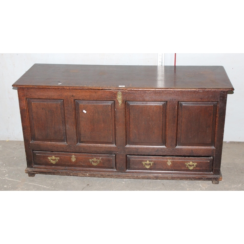 14 - An antique oak mule chest with 2 drawers, likely 18th century, approx 145cm wide