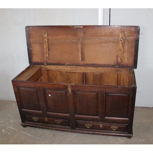 14 - An antique oak mule chest with 2 drawers, likely 18th century, approx 145cm wide