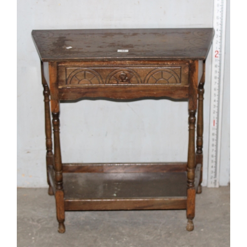 32 - 17th century style side table with draw & carved details, approx 75cm wide