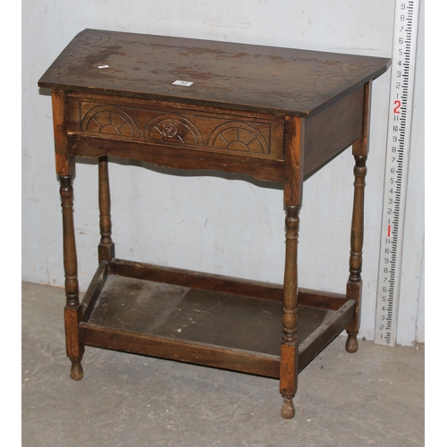 32 - 17th century style side table with draw & carved details, approx 75cm wide