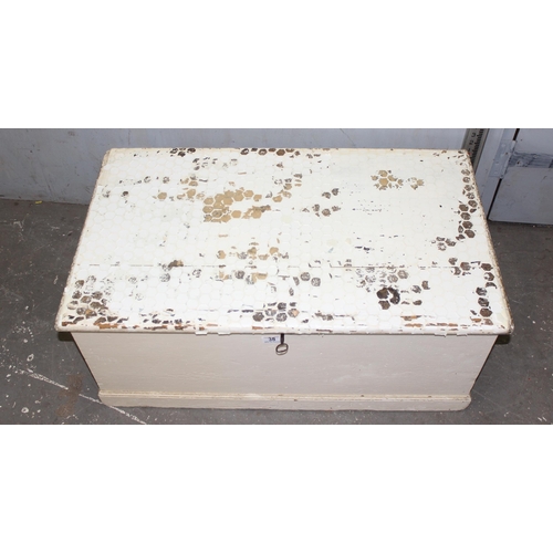 38 - Antique painted pine trunk with working key, approx 90cm wide