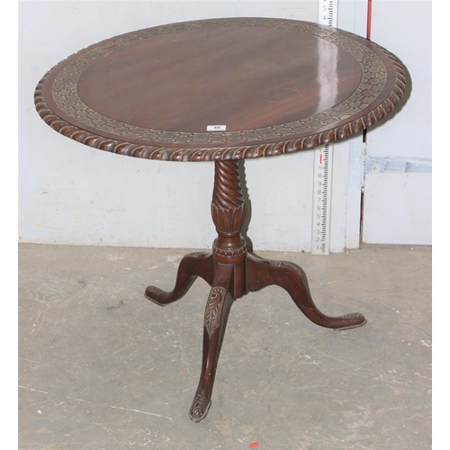 46 - Antique mahogany tilt top table with carved detail, approx diameter 80cm