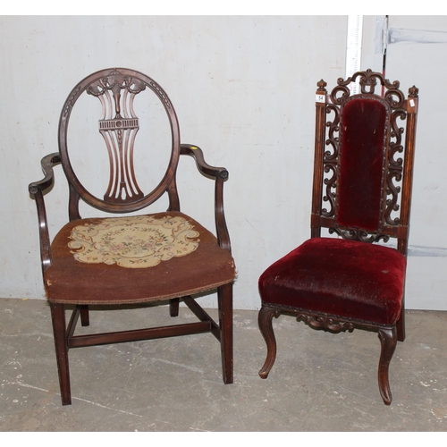 54 - 2 antique chairs to include a Georgian Hepplewhite style carver with tapestry seat