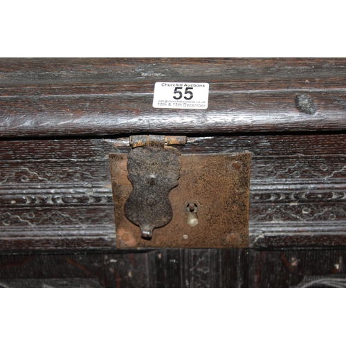 55 - 18th century oak coffer with 4 carved panels depicting faces and period iron work, approx. width 170... 