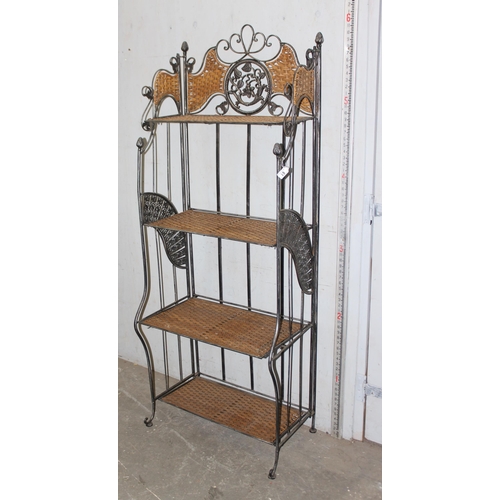 61 - A folding metal and wicker 4 tier shelf unit