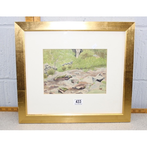 411 - Attributed to Dorothy Lockwood, unsigned watercolour of a woodland stream, in gilt frame, from a rel... 