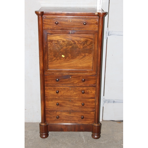 85 - An antique mahogany escritoire desk with drop down flap and 5 drawers, likely French.