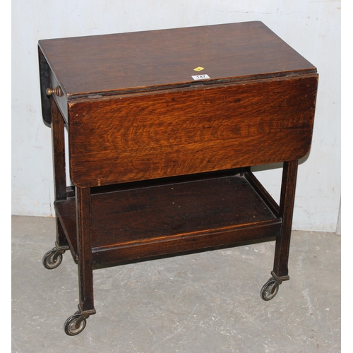 86 - Vintage oak drop leaf tea trolley with cutlery draw