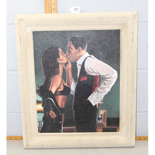 401 - After Jack Vettriano, male and female figures in an interior, oil on board, framed, approx 67cm x 55... 