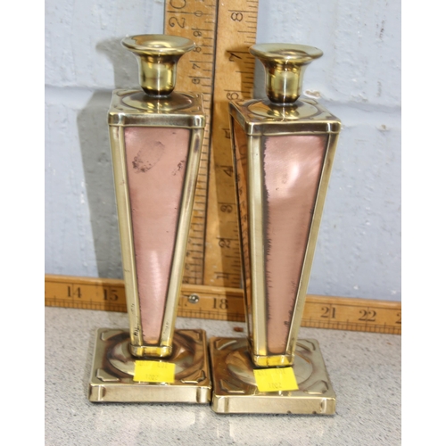 1702 - 2 pairs of brass candlesticks one with copper inlay possibly from Art Deco period