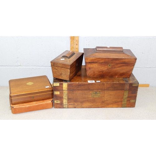 280 - A selection of antique and later wooden boxes to include brass bound writing slope & 19th century ma... 