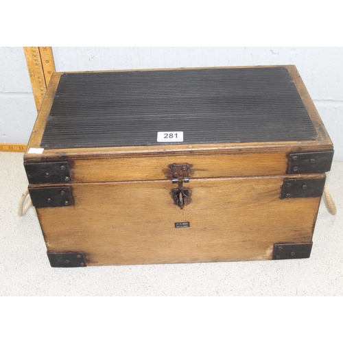 281 - Vintage iron bound hinged oak box with rope handles