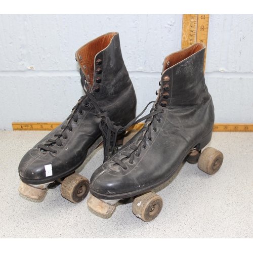 750 - Pair of vintage roller skates & ice skates by Marsden Bro. & an Art Nouveau snooker cue rack