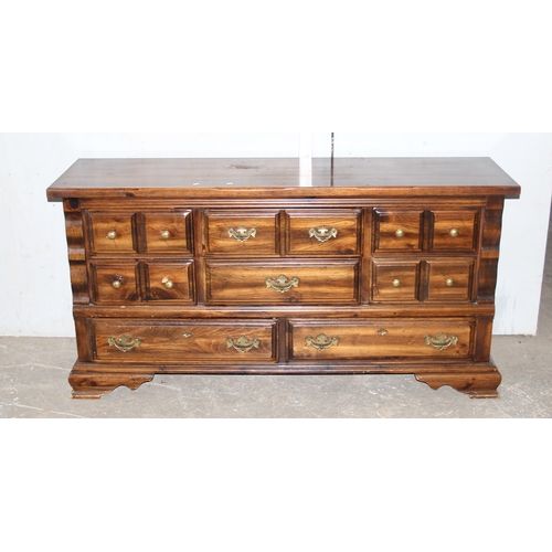 77 - Pine stained sideboard with brass handles, approx 168cm wide