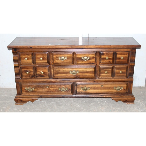 77 - Pine stained sideboard with brass handles, approx 168cm wide