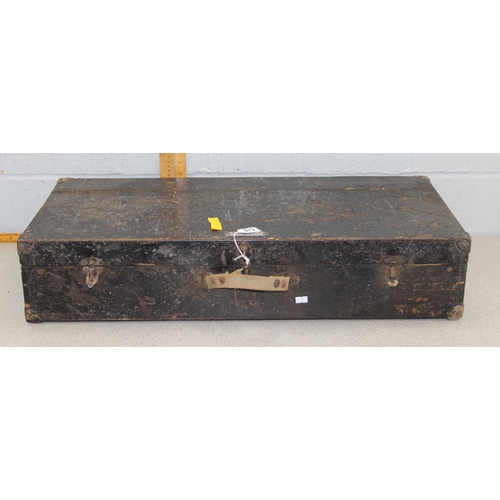 872 - Black painted wooden carpenters case with contents to include hand drills and wood saws