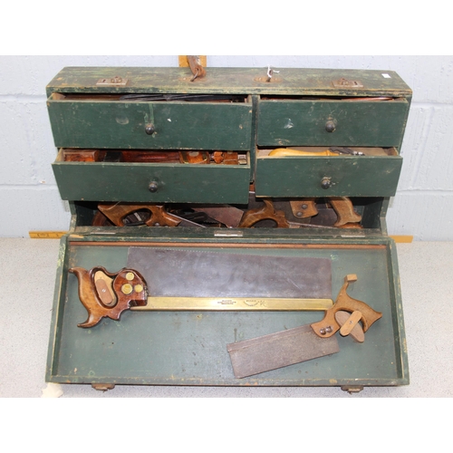 874 - Vintage green painted carpenters case with 4 internal draw, contents to include R Groves & Sons wood... 