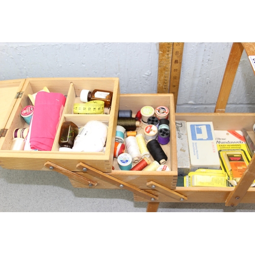 283 - Vintage wooden cantilever sewing box and contents