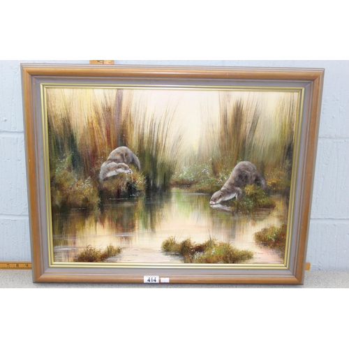 414 - R. Gehardt (XX), oil on board painting of 2 otters, signed lower right