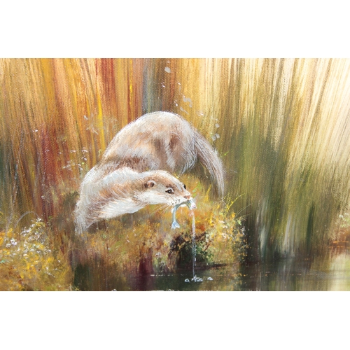 414 - R. Gehardt (XX), oil on board painting of 2 otters, signed lower right