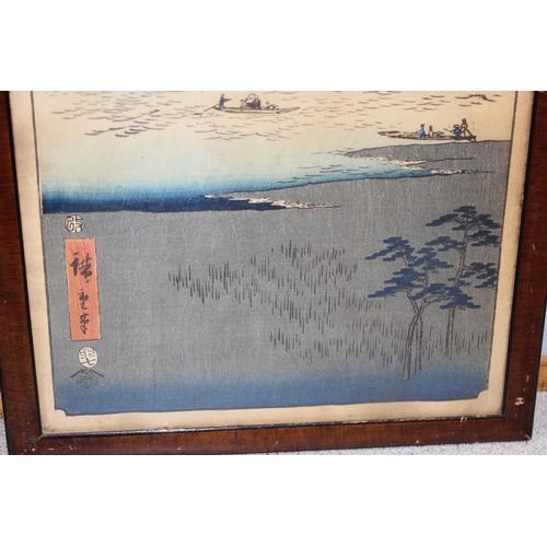 417 - After Hiroshige a pair of Japanese woodblocks, porters on a path and beneath Mount Fuji (2)