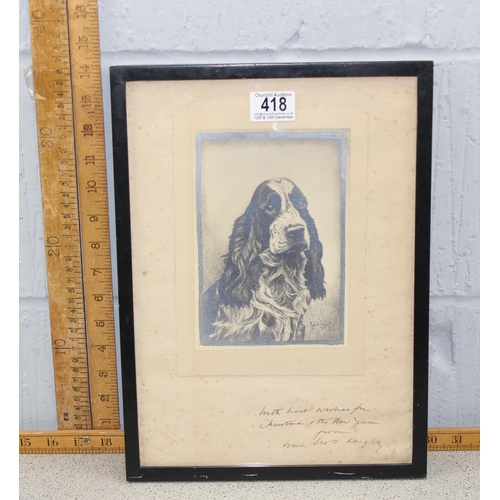 418 - Nina Scott Langley (1890-1964) etching of spaniel dated 1933, signed & dedicated to mount