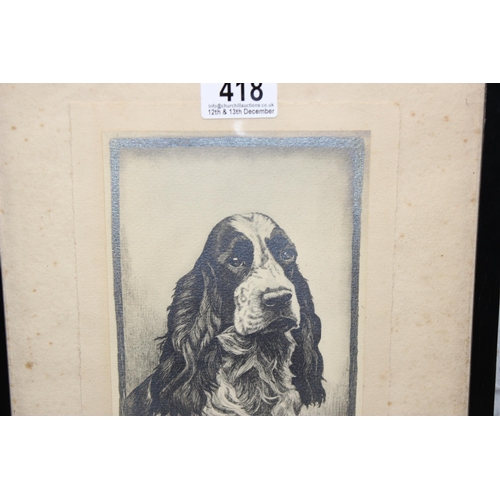 418 - Nina Scott Langley (1890-1964) etching of spaniel dated 1933, signed & dedicated to mount